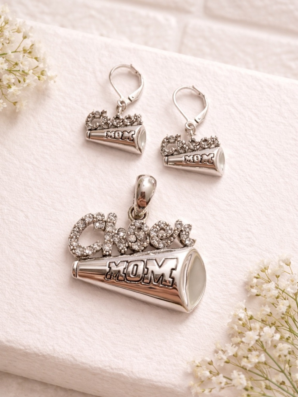 Silver Tone Rhinestone Cheer MOM Pendant & Earring Set